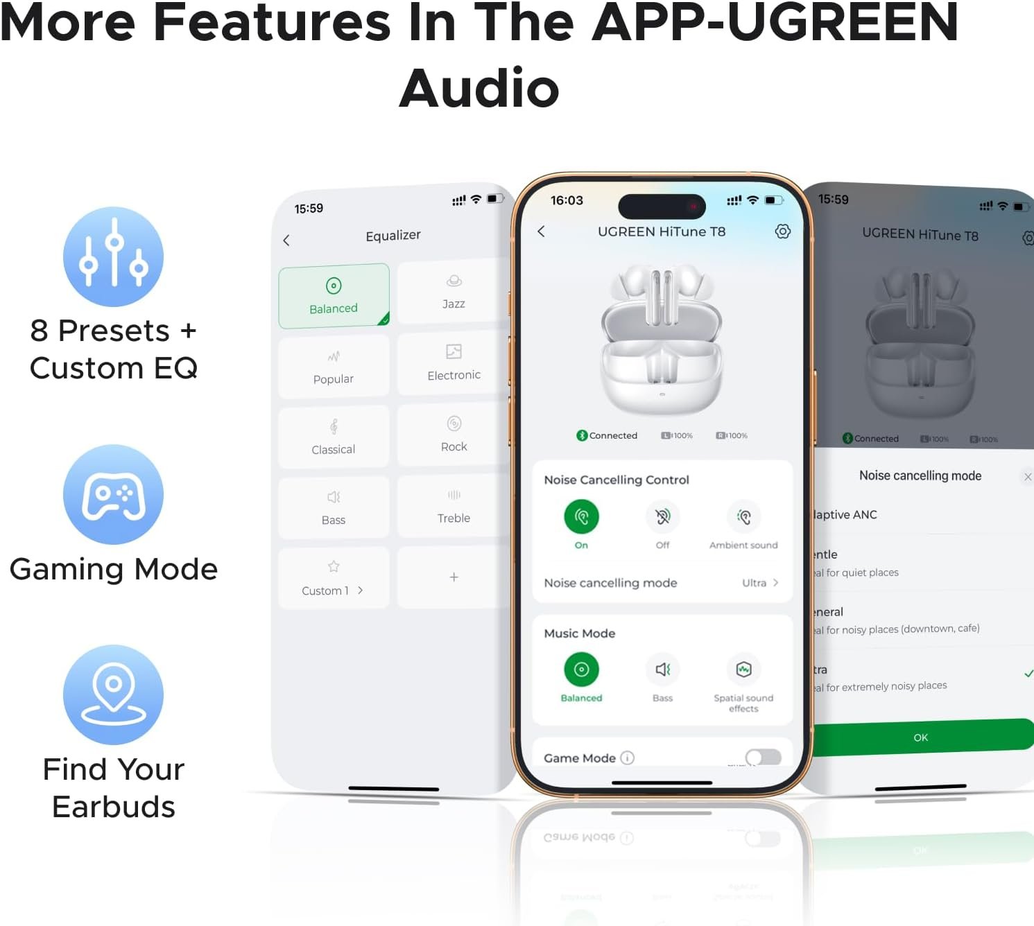 UGREEN EchoBuds Plus Wireless Earbuds Adaptive Active Noise Cancelling, Hi-Res LDAC, Spatial Audio, Call with 6 Mics, 50H Playtime, Bluetooth 6.0 Headphones Earphones, Fast Charging, IPX5 Waterproof - Image 6