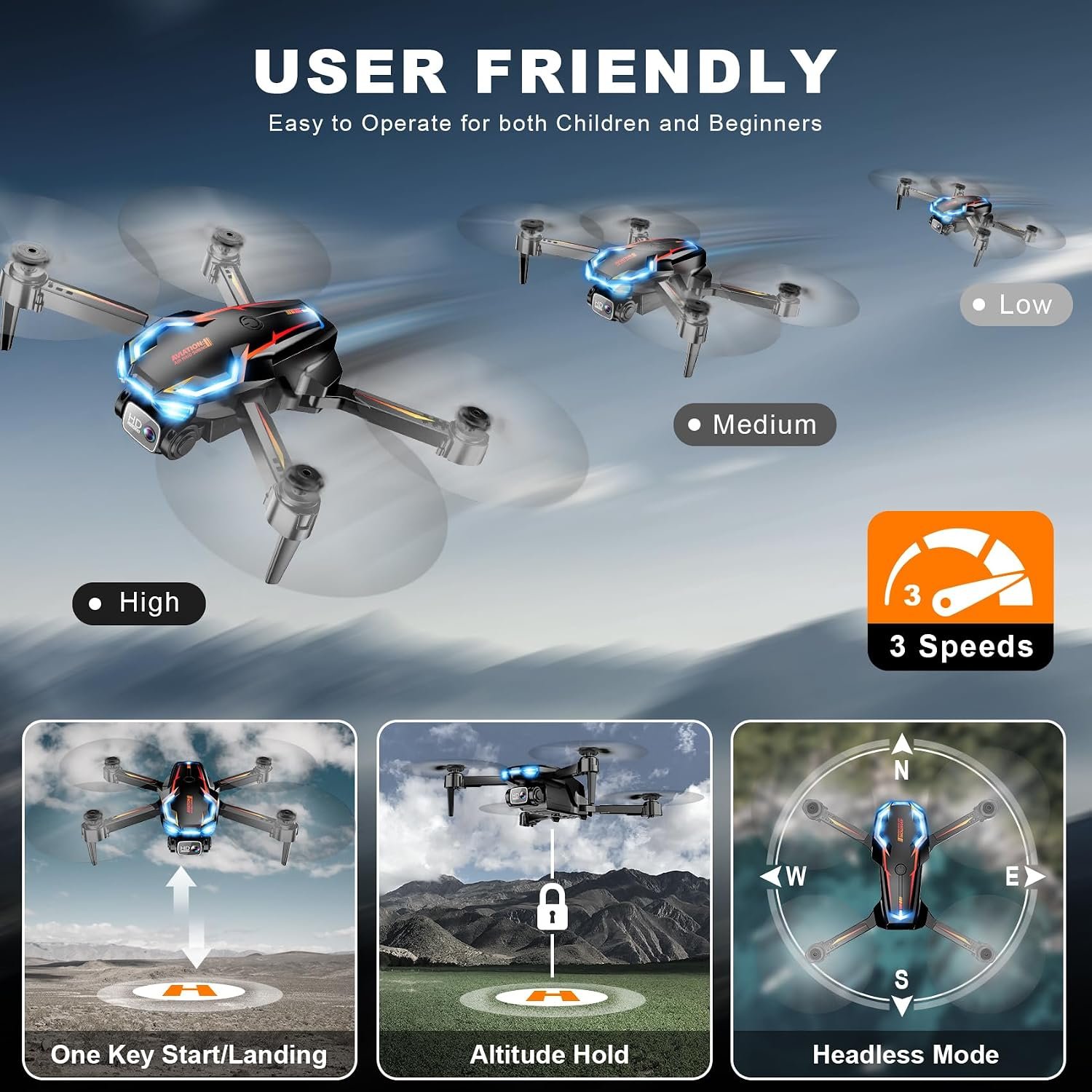 Drone with Camera for Adults, 2K HD FPV Drones with Upgrade Altitude Hold, One-Key Take Off/Landing, Speed Adjustment, Headless Mode, 2 Batteries, Toys Gifts for Teen Boys Girls, Beginner Black Orange - Image 3