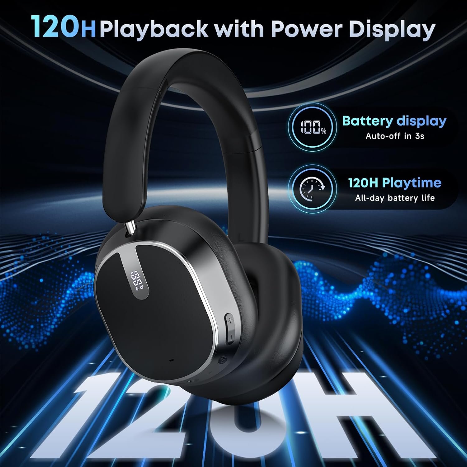 Hybrid Active Noise Cancelling Bluetooth Headphones, Over Ear Wireless Headphones with 120H Playtime, Hi-Res Audio, Deep Bass, Memory Foam Ear Cups for Home Office Travel Black - Image 3