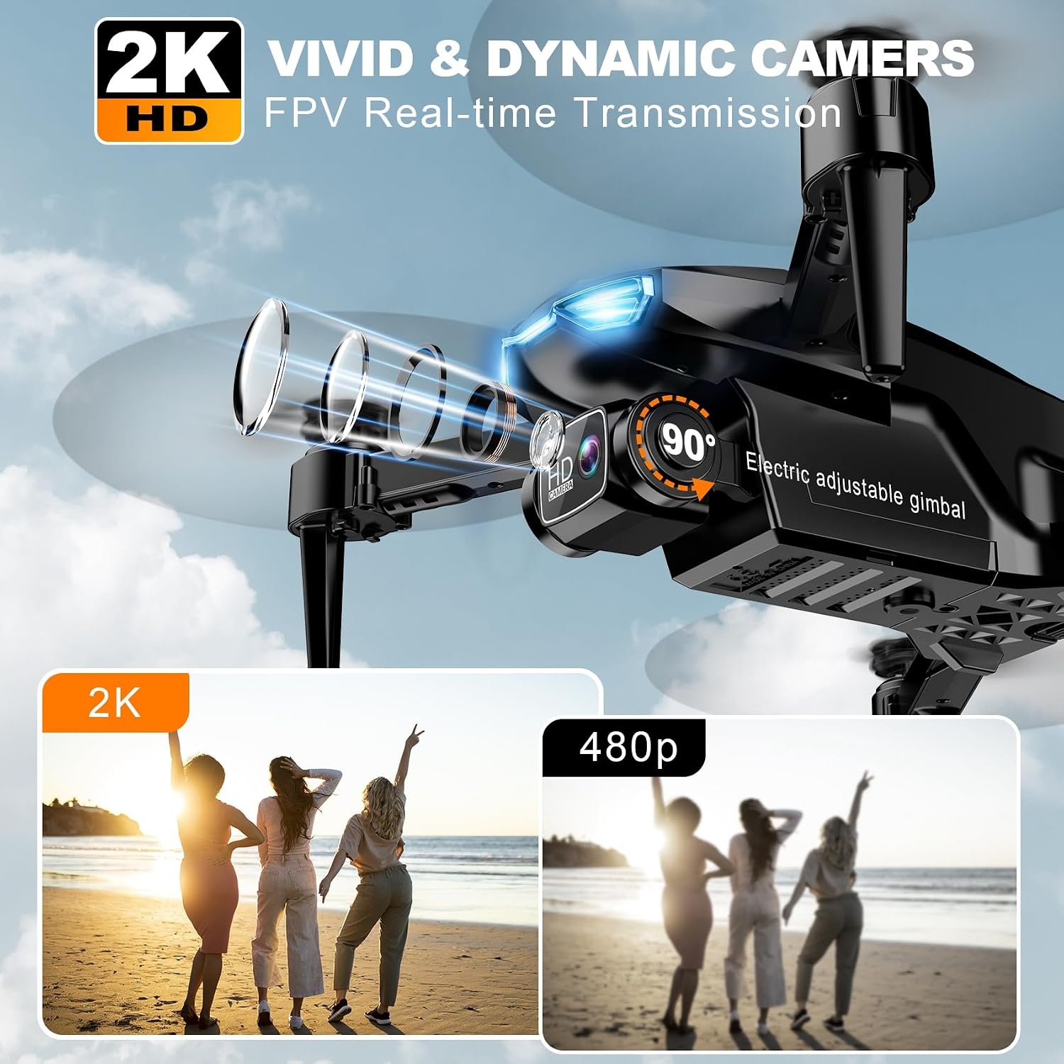 Drone with Camera for Adults, 2K HD FPV Drones with Upgrade Altitude Hold, One-Key Take Off/Landing, Speed Adjustment, Headless Mode, 2 Batteries, Toys Gifts for Teen Boys Girls, Beginner Black Orange - Image 2