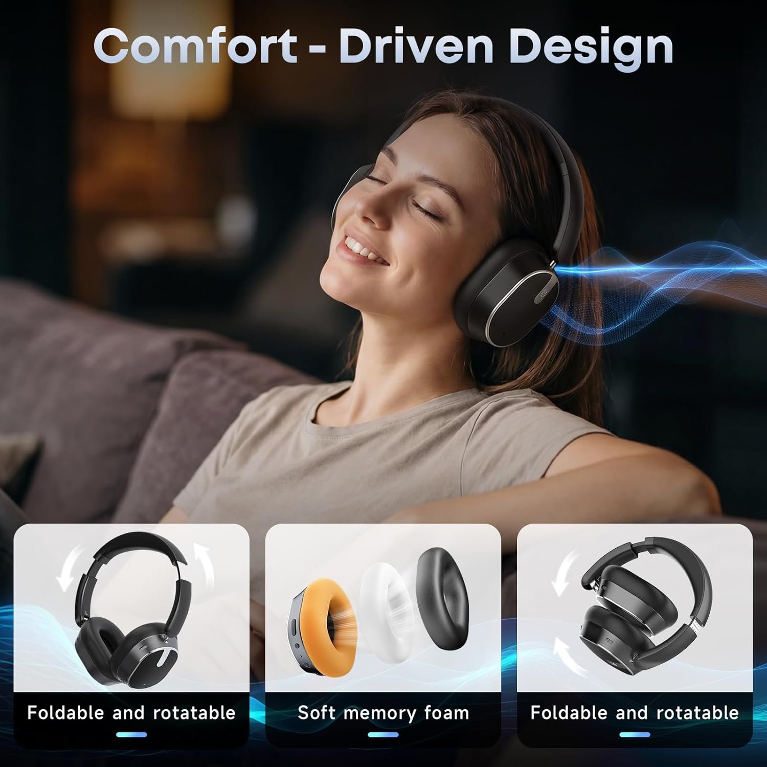 Hybrid Active Noise Cancelling Bluetooth Headphones, Over Ear Wireless Headphones with 120H Playtime, Hi-Res Audio, Deep Bass, Memory Foam Ear Cups for Home Office Travel Black - Image 6