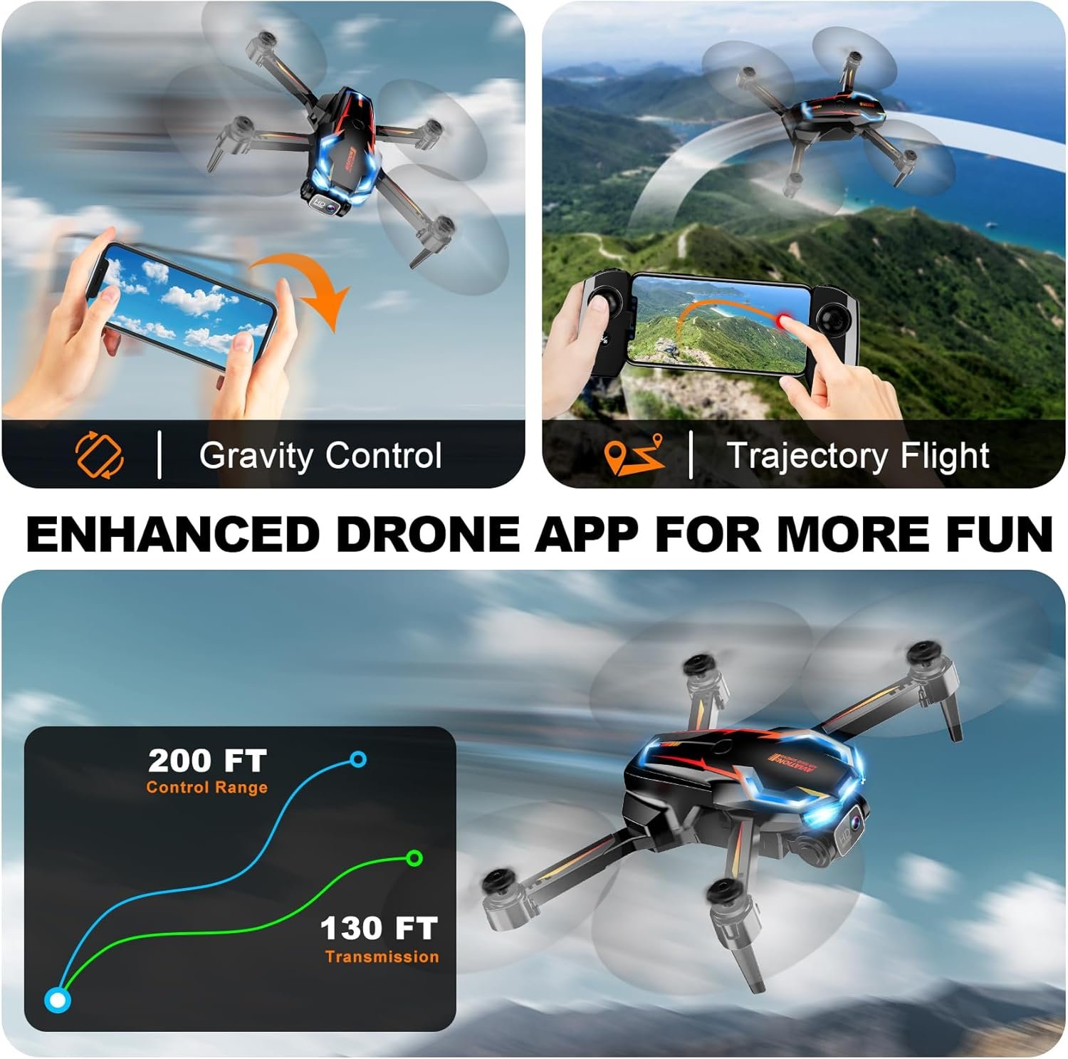 Drone with Camera for Adults, 2K HD FPV Drones with Upgrade Altitude Hold, One-Key Take Off/Landing, Speed Adjustment, Headless Mode, 2 Batteries, Toys Gifts for Teen Boys Girls, Beginner Black Orange - Image 5