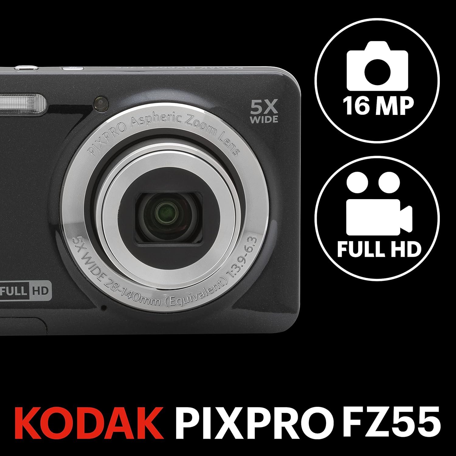 Kodak PIXPRO FZ55-BK 16MP CMOS Sensor Digital Camera 5X Optical Zoom 28mm Wide Angle 1080P Full HD Video 2.7" LCD Vlogging Camera (Black) - Image 2
