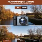 4K Digital Camera for Photography, 64MP Autofocus Vlogging Camera with Dual Lens 18X Zoom, 3" LCD Screen, Built-in Flash, Compact Point and Shoot Travel Camera with 64GB Card, 2 Batteries Brown