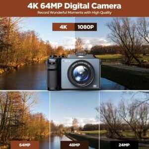 4K Digital Camera for Photography, 64MP Autofocus Vlogging Camera with Dual Lens 18X Zoom, 3" LCD Screen, Built-in Flash, Compact Point and Shoot Travel Camera with 64GB Card, 2 Batteries Brown